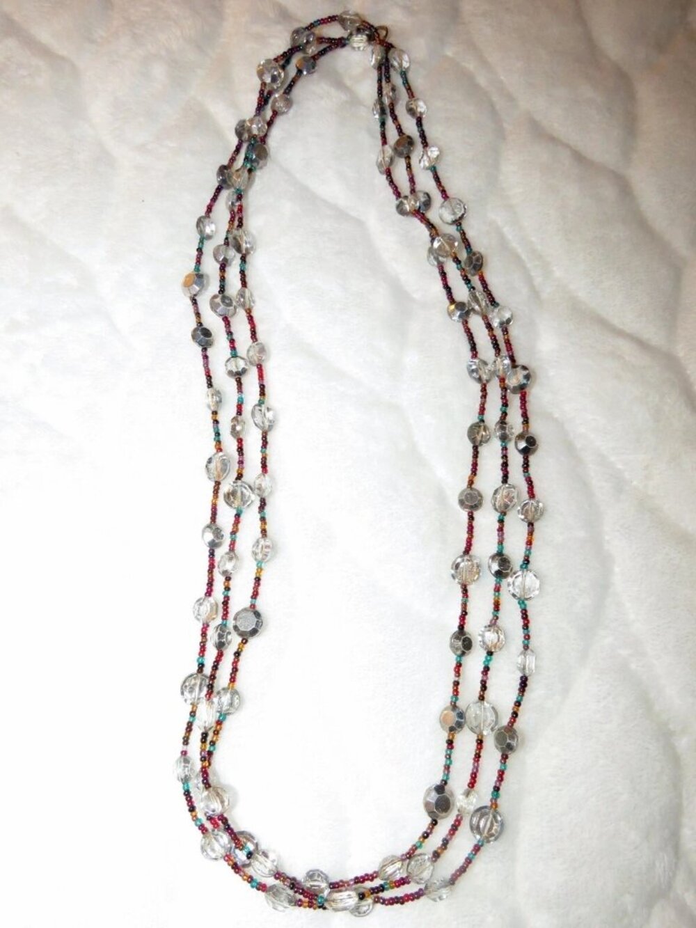 Vtg Multicolor Beaded 78" Costume Jewelry Necklace w/ Clear Crystal Stones